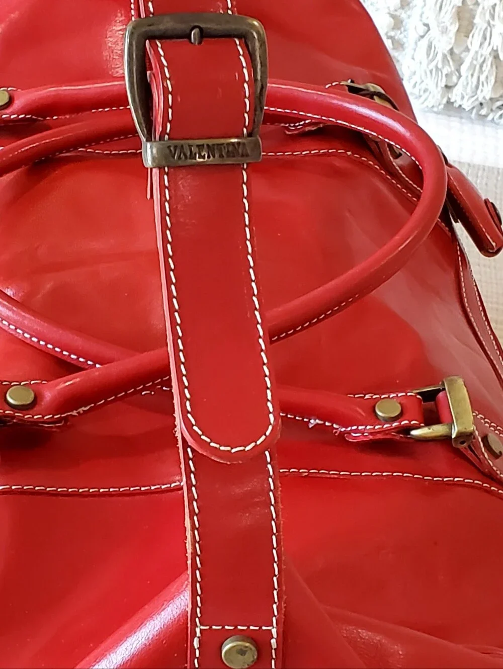 Valentina Italy Vtg. Large Red Leather Travel Duffle Bag, Original Lock/Keys